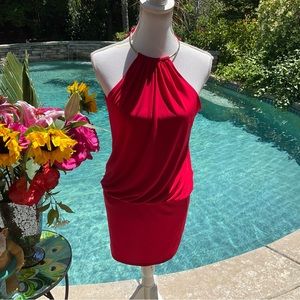 Cache Sz 4 Lipstick 💄 Red Haler Ruched Dress Gold Necklace Closure